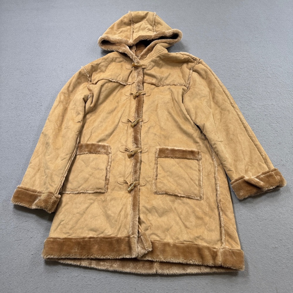 Vintage Duffle Jacket Women's XL Tan Faux Suede Fur Lined Hooded Toggle Coat 90s
